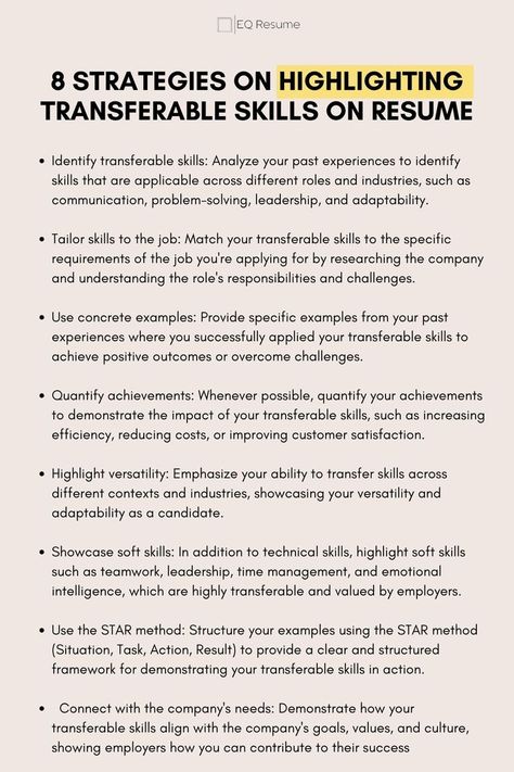 Enhance your resume with EQ Resume's expert strategies! Learn 8 effective techniques for highlighting transferable skills and boosting your job prospects. #transferableskills #resumetips #EQResume #careeradvice #jobsearch #careerdevelopment #jobhunt #professionalgrowth #resumewriting #jobskills Transferable Skills, Skills Resume, Interview Help, Good Leadership Skills, Job Interview Preparation, Job Interview Advice, Job Cover Letter, Interview Answers, Interview Advice