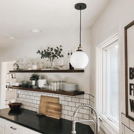 30 Kitchen Pendant Lighting Ideas To Brighten Your Day Kitchen Pendant Lighting Ideas, Pendant Lighting Ideas, Kitchen With Open Shelving, Shelves Display, Black Grout, White Subway Tile Backsplash, Subway Tile Kitchen, Wooden Floating Shelves, Kitchen Pendant