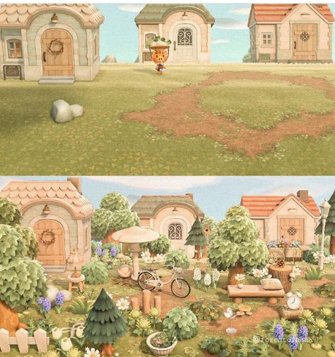 Acnh Forest Village, Woodland Acnh Island, Cottagecore Acnh Codes, Cottage Core Acnh, Acnh Cottagecore Codes, Animal Crossing House Exterior, Kyuubi Crossing, Animal Crossing Forest, Acnh Villagers Homes Layout