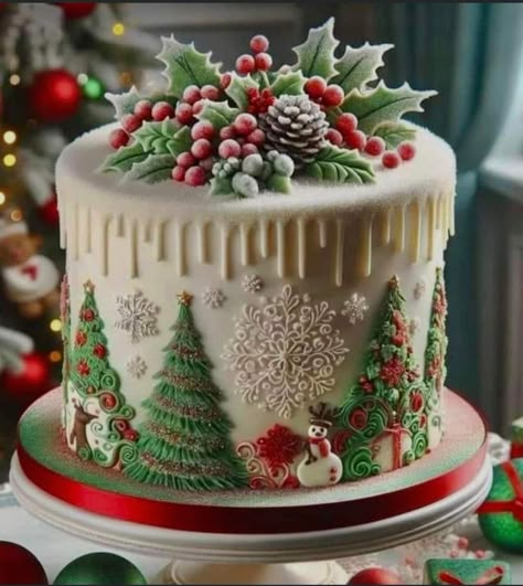 Easy Christmas Cake Recipe, Tårta Design, Winter Torte, Christmas Cakes Easy, Christmas Themed Cake, Christmas Cake Designs, Holiday Cupcakes, Days To Christmas, Christmas Cake Decorations