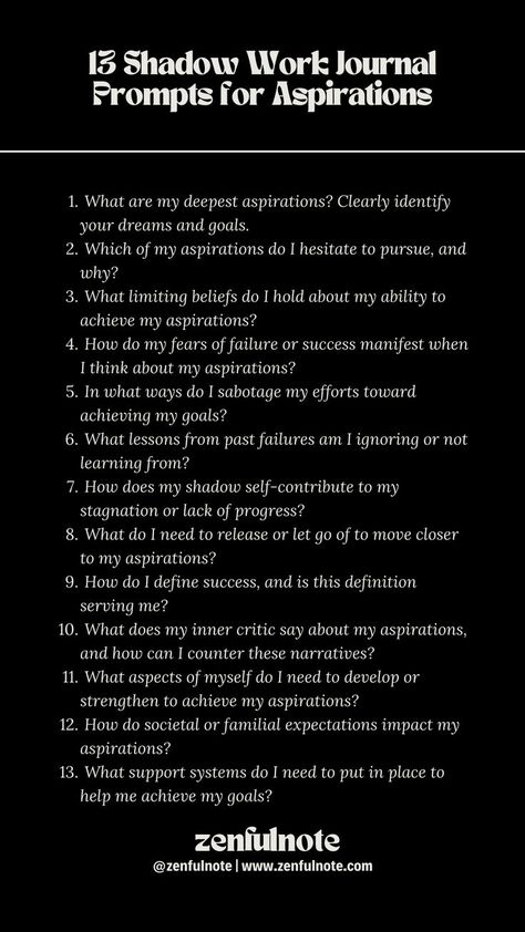 Engaging with these questions requires honesty and vulnerability. This introspective process can help illuminate and integrate these shadow aspects to support your journey toward fulfillment. Consider journaling your responses to facilitate deeper insight and track your progress over time. Self Esteem Building Activities, Shadow Work Journal Prompts, Work Journal Prompts, Shadow Work Spiritual, Mindfulness Journal Prompts, Shadow Work Journal, Journal Topics, Journal Questions, Healing Journaling