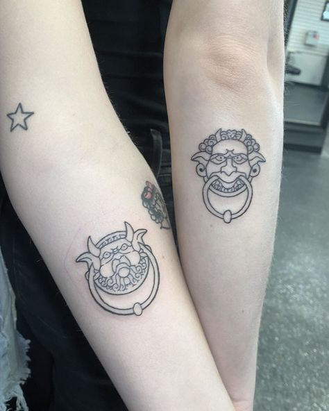 Horrible Histories Tattoo, Character Couple Tattoos, Labyrinth Door Knockers Tattoo, Adventure Time Tree House Tattoo, Labyrinth Tattoo Ideas Movie, Movie Matching Tattoos, Horror Game Tattoo, Moonrise Kingdom Tattoo, Labyrinth Worm Tattoo