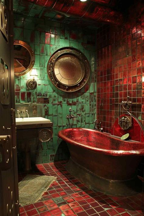 Dive into the world of steampunk with these unique and stylish bathrooms. With a fusion of vintage and industrial elements, these spaces combine elegance and ruggedness. From copper pipes to exposed gears, these designs capture the essence of steampunk. #SteampunkBathrooms #IndustrialTwist #VintageStyle #UniqueDesign Boho Bathroom Lighting, Steampunk Bathroom Vanity, Steampunk Architecture Interiors, Steam Punk Bathroom, Steampunk Room Ideas, Steampunk House Interiors, Steampunk Nautical Bathroom, Steampunk Bathroom Decor, Steampunk Toilet