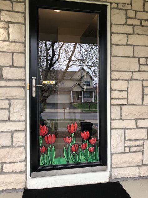 Spring Painted Windows, Window Painting Spring, Spring Window Painting Ideas, Easter Window Painting, Spring Window Painting, Painted Storm Door, Waldorf Stars, Door Paintings, Holiday Drawings