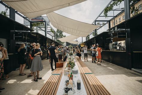 Manifesto Market transforms Prague's heartland with black containers as a new food space Market Place Architecture, Food Market Architecture, Food Market Design, Market Canopy, Market Architecture, Community Market, Modern Market, Bawah Air, Retail Architecture