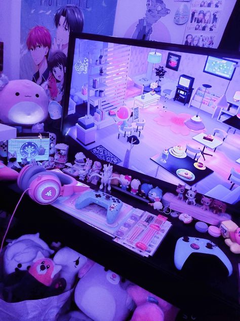 Kuromi Gaming Setup, Goth Gamer Room, Black Setup, Kuromi Room, Purple Desk, Gamer Bedroom, Purple Games, Kawaii Bedroom, Gamer Setup