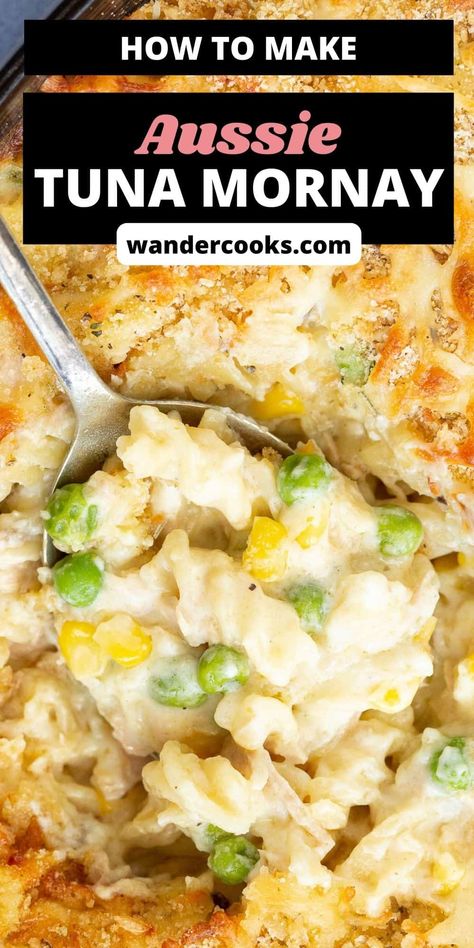 A classic weeknight casserole recipe the whole family will LOVE. This cheesy tuna mornay is made with our no-fail bechamel white sauce to make it even easier. Recipe Tin Eats Fish, Tuna Mornay Recipe Easy, Salmon Mornay Recipe, Tinned Tuna Recipes Dinners, Chicken Mornay Recipe, Salmon Mornay, Tuna Mornay Pasta Bake, Tuna Bake Recipe, Tuna Meals