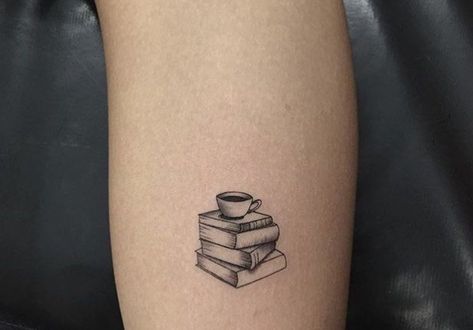 Book Tattoo Small Simple, Book Sister Tattoo, Stack Of Books Tattoo Design, Stack Of Books Tattoo Simple, Coffee Cup Tattoo Vintage, Book Tattoo Aesthetic, Closed Book Tattoo, Book Tattoo Ideas For Men, Books And Coffee Tattoo