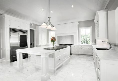 Carrera Marble vs White Granite: The Surface Debate! White Marble Flooring, Provincial Kitchen, Marble Floor Kitchen, Cabinet Trends, White Granite Countertops, Honed Marble Tiles, White Marble Kitchen, White Marble Floor, White Tile Floor