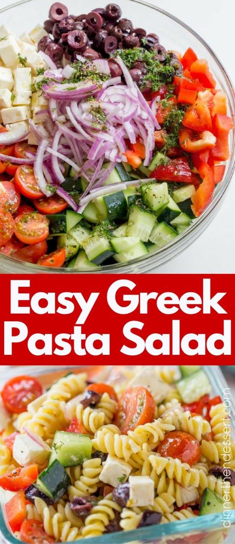 Easy Greek Pasta Salad with a homemade vinaigrette, pasta, feta, and olives is the perfect, easy lunch meal you can enjoy at room temperature. Also great with added chicken or shrimp. Pasta Salad Vinaigrette, Easy Greek Pasta Salad, Salad Vinaigrette, Feta And Olives, Obesity Help, Vegetable Pasta Salads, Homemade Vinaigrette, Greek Pasta Salad, Donna Lee