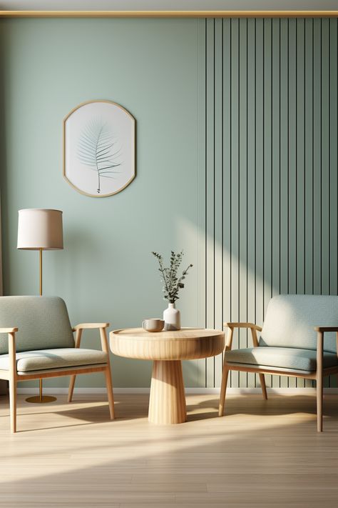 Teal Green Interior Design, Japandi Interiors Color, Pastel Colors House Interior, Light Green Office Ideas, Light Teal Sofa, Dining Room Wall Colors Colour Palettes, Green Walls Dining Room, Japandi Pastel, Green Living Room Modern