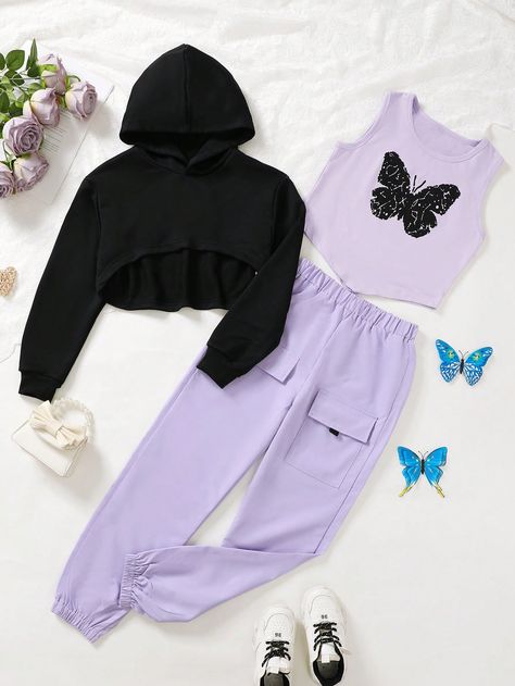 3pcs/Set Girls Casual/Office Wear Solid Color Crop Sweatshirt + Butterfly Print Tank Top + Solid Color Cargo Pants With Pockets Outfit, Spring Autumn Mauve Purple     Animal,Butterfly  Slight Stretch Spring/Fall Tween Girls Clothing, size features are:Bust: ,Length: ,Sleeve Length: Color Cargo Pants, Cargo Pants With Pockets, Animal Butterfly, Casual Office Wear, Purple Animals, Solid Tank Tops, Mauve Purple, Estilo Hip Hop, Print Tank Top