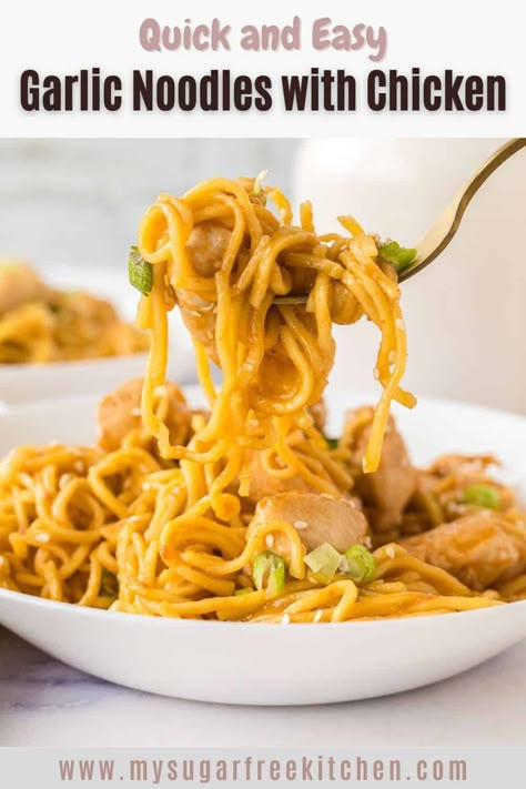 Tender, juicy chicken, savory sauce, and chewy noodles come together to create this delicious garlic chicken and noodles dish in around 30 minutes. Garlic Noodles With Chicken, Spicy Garlic Noodles, Easy Chicken And Noodles, Chewy Noodles, Noodles With Chicken, Chicken And Noodles, Soy Sauce Chicken, Chicken Noodles, 2024 Recipes