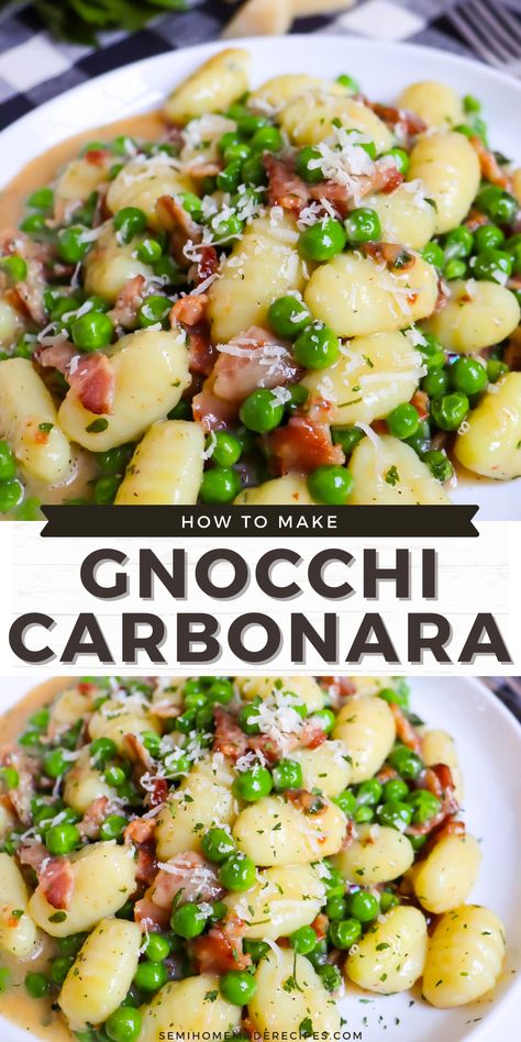 Gnocchi Carbonara - easy dinner recipe with soft gnocchi, bacon and cheese. Gnocchi Prosciutto Recipes, Gnocchi Recipes Meal Prep, Crockpot Meals Gnocchi, Meals With Gnocchi Dinners, Lamb Gnocchi Recipe, Healthy Dinner Recipes With Bacon, Gnocchi Recipes Non Dairy, Gnocci Side Dishes, Gnocchi With Prosciutto