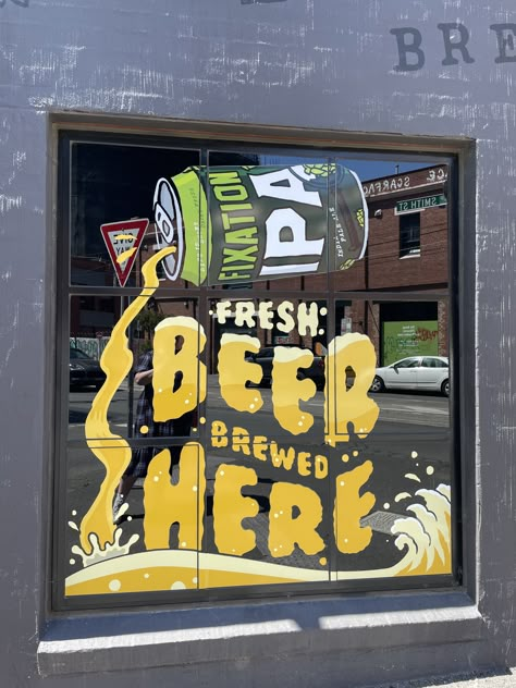 Storefront Window Painting, Beer Mural, Bar Murals, Brewery Mural, Window Paint Ideas, Cheese Poster, Storefront Windows, Beer Ideas, Painted Window Art