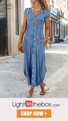 Click to start your wonderful shopping trip! Global hot sale now! Denim Dresses Online, Casual Denim Dress, Moda Denim, Maxi Dress Summer, Pocket Maxi Dress, Womens Denim Dress, Dress Denim, Shift Dresses, Maxi Shirt Dress