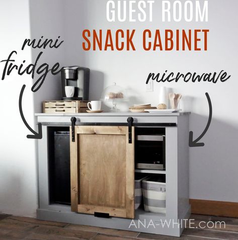 Snack Cabinet with Mini Fridge and Microwave Cabinet With Mini Fridge, Snack Cabinet, Mini Fridge Cabinet, Barn Door Cabinet, College Kitchen, Microwave Cabinet, White Barn Door, Diy Barn Door Hardware, Cabinet Plans