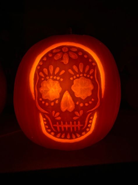 Pumpkin Carving Sugar Skull, Day Of The Dead Pumpkin Carving, Sugar Skull Pumpkin Carving, Skull Pumpkin Carving, Halloween Mat, Sugar Skull Pumpkin, Halloween Mats, Pumkin Carving, Pumpkin Carving Designs