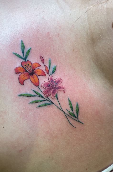 Tiger Lilly Tattoo Color, Orange Lily Tattoo Small, Coloured Lily Tattoo, Watercolour Lily Tattoo, Small Tiger Lily Tattoo, Lily Tattoo Design Color, Tiger Lily Tattoo Color, Fine Line Lilly Tattoo, Colored Lily Tattoo