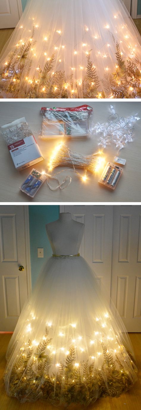 Amazing DIY light up fairy garden dress tutorial! We've got the perfect LED string lights to recreate the look: http://www.flashingblinkylights.com/light-up-products/light-up-decorations/battery-operated-led-wire-string-lights.html?utm_source=pinterest&utm_medium=LED%20string%20lights%20battery%20powered&utm_campaign=diy%20light%20crafts Meme Costume, Robe Diy, Diy Maxi Dress, Diy Tulle, Light Up Dresses, Kostuum Halloween, Diy Wedding Reception, Skirt Diy, Diy Tutu