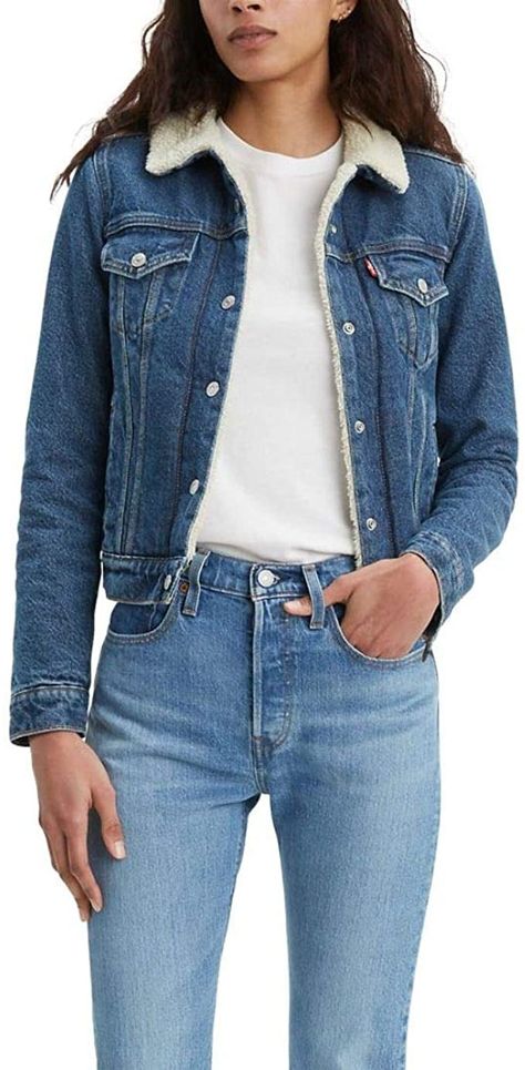 Levi's Women's Original Sherpa Trucker at Amazon Women's Coats Shop Sherpa Denim Jacket Woman, Jacket Women Outfit, Levis Sherpa, Sherpa Trucker Jacket, Sherpa Denim Jacket, Classic Denim Jacket, Lined Jeans, Levis Women, Women Outfit