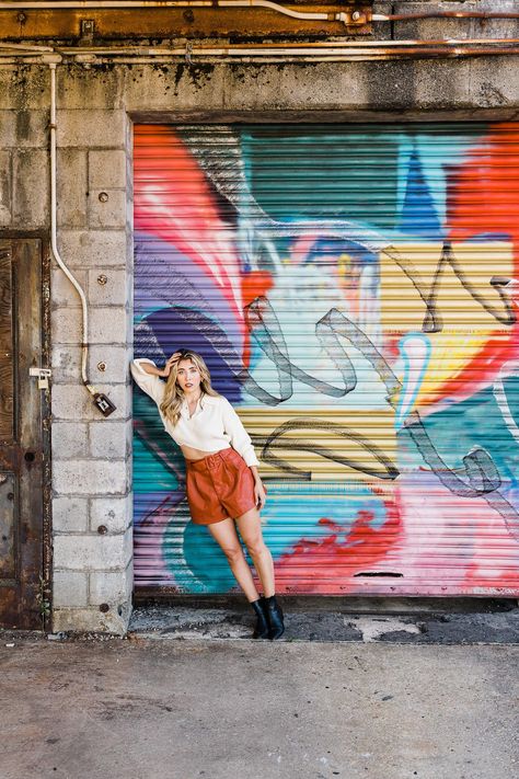 Quirky Fashion Photography, Fashion Design Photoshoot, Graffiti Model Photo Shoot, Mural Photoshoot Ideas, Graffiti Portrait Photography, Bookkeeper Photoshoot, Spin Photoshoot, Graffiti Background Photoshoot, Revenge Photoshoot Ideas