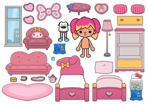 Toca Boca Paper Furniture, Toca Boca Paper Doll House Printable, Toca Boca Paper Doll House Printable Bedroom, Toca Boca Furniture Printable, Toca Boca Paper Doll, Hello Kitty Furniture, Sailor Doll, Free Printable Paper Dolls, Hello Kitty Bed