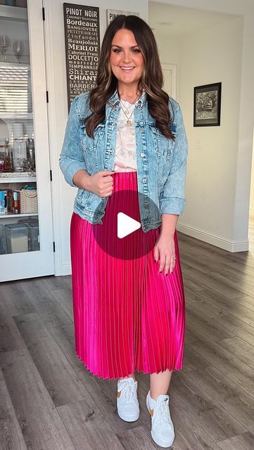 Courtney Hamilton | Midsize Style | Easy Makeup Over 30 on Instagram: "Let’s wear those holiday skirts again ✨ Just because you bought a piece of clothing for a specific event or holiday doesn’t mean you can’t repurpose & restyle it 👏🏻 This is how I’m wearing my “fancy” pleated skirt again - with a graphic t, sneakers & a denim jacket ✨🪩 Comment ‘fancy’ for a link to this outfit 💕 • You can also find alll of my outfits & style tips through my link in bio <click the LTK button> I’m so glad you’re here, and I hope you stick around for more outfit re-styling @itscourtneyhamilton 🫶🏻 #midsize #midsizestyle #size12 #styleover30 #pleatedskirt #valentinesdayoutfit #howtostyle #midsizeootd Size 12, size 14, mom style, how to style a holiday skirt, Valentine’s Day, Galentines day, pink skirt Courtney Hamilton, Pink Midi Skirt Outfit, Pink Pleated Skirt Outfit, Makeup Over 30, Holiday Skirt, Styled Outfits, Pleated Skirt Outfit, Pink Midi Skirt, Pink Pleated Skirt