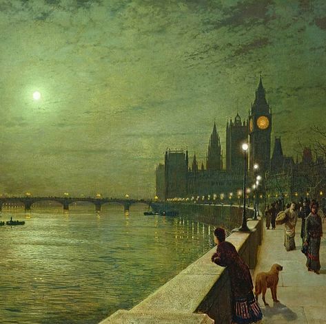 John Atkinson Grimshaw (1836–1893): Reflections on the Thames, Westminster (detail), 1880, oil on canvas, 76.2 x 127 cm, Leeds Art Gallery, England Leeds Art Gallery, John Atkinson Grimshaw, Atkinson Grimshaw, Albert Bierstadt, Classic Paintings, Painting Photos, Urban Landscape, Photo Posters, Westminster