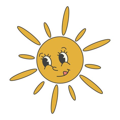 Groovy 70s summer, spring sticker. Y2k groovy cute sun character Groovy Stickers Aesthetic, 70s Animation, Groovy Art Aesthetic, Groovy Drawings, Sun Character Design, 70s Clipart, Groovy Stickers, Y2k Graphics, Sun Character