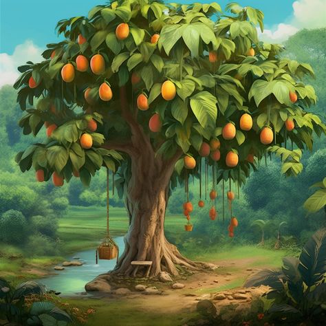 Mango Tree Illustration Art, Fruit Tree Photography, Fantasy Fruit Tree, Mango Tree Painting, Mango Tree Aesthetic, Mango Tree Photography, Magical Tree Drawing, Mango Tree Drawing, Mango Tree Illustration