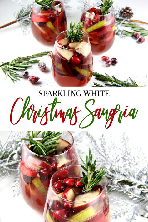 Sparkling White Christmas Sangria in wine glasses. Holiday Cocktails Christmas Pitcher, Christmas Pitcher Cocktails, Christmas Holiday Punch, White Christmas Sangria Recipe, White Christmas Sangria, Christmas Party Punch, Holiday Cocktails Christmas, White Sangria Recipe, Gluten Free Brunch