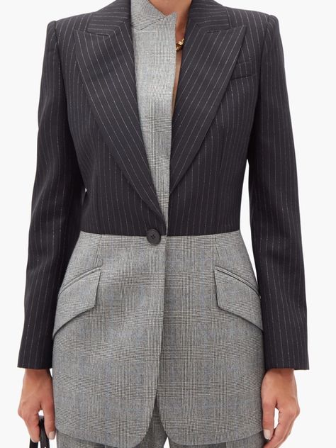 Alexander McQueen Reconstructed pinstripe and check wool jacket Ankara Photoshoot, Elegant Attire, Woman Suit Fashion, Abaya Designs, Pinstripe Suit, Classy Work Outfits, Abayas Fashion, Suit Fashion, Fashion Fabric