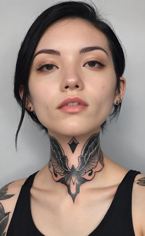 Chest And Throat Tattoo, Star Throat Tattoo, Throat Tattoos Women Simple, Female Throat Tattoo, Female Neck Tattoo, Throat Tattoos, Throat Tattoo, Neck Tattoo, Tattoo Styles