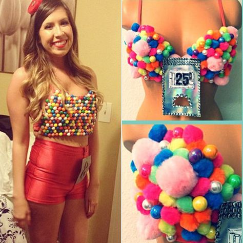 Be a gumball machine (two versions). What you need: Version one: red bottoms and gum balls. Version two: fake arts-and-crafts balls and shiny aluminum.  Source: Instagram user melissaamber, Instagram user the_love_shackk Abc Costumes, Candy Crush Party, Gumball Machine Costume, Rave Halloween Costumes, Candy Costumes, Fairy Halloween Costumes, Rave Costumes, Homemade Halloween Costumes, Holloween Costume