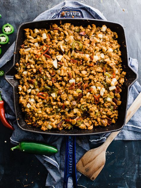 Spicy Bacon Jalapeno Cornbread Stuffing - Dad With A Pan Cornbread Jalapeno, Cornbread Stuffing With Sausage, Southern Style Cornbread Dressing, Stuffing With Sausage, Bacon Cornbread, Jiffy Cornbread Recipes, Southern Style Cornbread, Stuffing Thanksgiving, Cornbread Stuffing Recipes