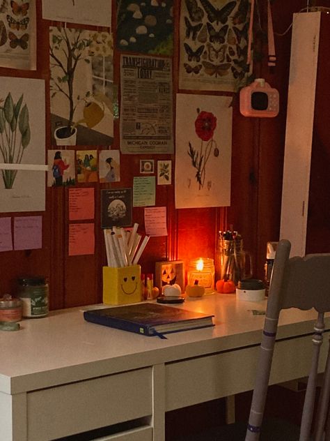 Red Desk Aesthetic, Red Study Aesthetic, Art Desk Aesthetic, Wood Stationary, Dark Oak Desk, Red Bedroom Walls, Red Desk, Desk Aesthetic, Dream Desk