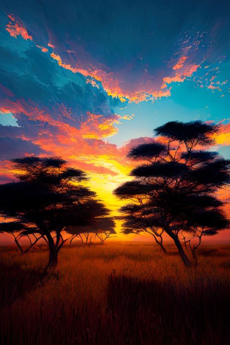 A beautiful sunset paints the African savanna with a golden glow, showcasing the breathtaking beauty of nature's grandeur in a digital artwork. Savannah Aesthetic, African Savanna, African Plains, African Savannah, African Sunset, Acacia Tree, Landscape Art Painting, The Embrace, Golden Glow