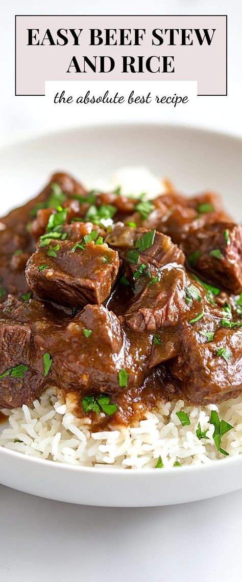 Image for Easy Beef Stew and Rice Stewed Beef And Rice, Beef Stew For One, Beef Stew Meat Stroganoff, Beef Stew Chunks Recipes, Best Stew Beef Recipes, What To Make With Stew Beef, Stew Meat Meals, Sticky Beef And Rice, Beef Stew Over Rice