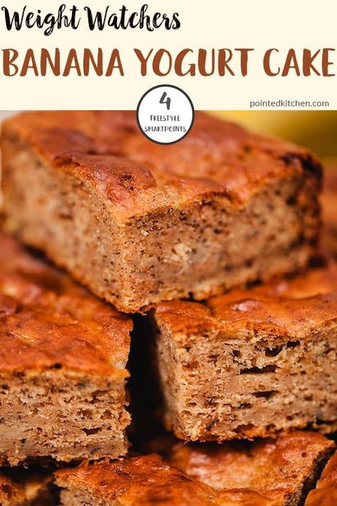 This delicious sweet and moist Banana Cake is made with yogurt and a little sugar! It is just 4 Smart Points per square on Weight Watchers Freestyle plan. A delicious low point weight watchers dessert recipe. #weightwatchersrecipeswithpoints #weightwatcherssnackrecipes #weightwatchersrecipes Weight Watchers Dessert, Low Points Weight Watchers, Ww Sweets, Moist Banana Cake, Yogurt Bread, Yogurt Banana, Ww Breakfast, Banana Yogurt, Weight Watchers Snack Recipes