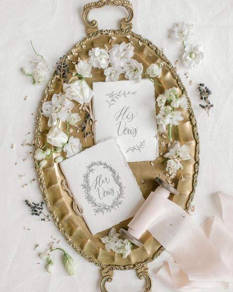 Let us help you choose your perfect details and style them for your photographer 💗 these beautiful vow books pictured are from @lorobe  Photography by  @kaitlinhaleyphoto French Style Wedding, Wedding Flatlay, Flat Lay Styling, Smaller Wedding, Wedding Flat Lay, Her Vows, Wedding Vow Books, Vow Books, Vine Wreath