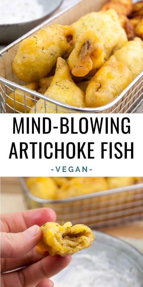 Mind-Blowing Vegan Artichoke Fish - The flaky texture of artichokes is perfect to make vegan fish. It's super easy to make: The artichokes are battered, fried, and served with potatoes and vegan tartar sauce. | ElephantasticVegan.com #vegan #veganfish #artichoke Artichoke Fish, Vegan Tartar Sauce, Palm Hearts, Vegan Artichoke, Pasta Vegetariana, Vegan Meat, Vegan Fish, Tartar Sauce, Fish Recipe