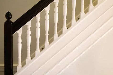 How to Remove Varnish and Paint From a Wooden Banister | Hunker Painting Bannister, Remove Varnish From Wood, Wooden Banister, Painted Banister, Wood Banister, Scrape Painting, White Staircase, Stair Spindles, Stair Banister