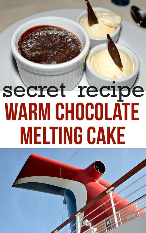 carnival warm chocolate melting cake recipe Aesthetic Chocolate Cake, Carnival Cruise Recipes, Chocolate Cake Aesthetic, Fav Dessert, Melting Cake, Cruise Recipes, Chocolate Melting Cake, Carnival Eats, Molten Lava Cakes Recipe