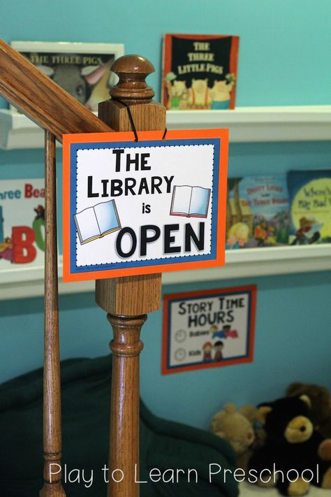 Play to Learn Preschool - Library Dramatic Play Center is Open! Library Dramatic Play, Play To Learn Preschool, Preschool Library, Dramatic Play Themes, Dramatic Play Center, Community Helpers Theme, Library Themes, Dramatic Play Preschool, Dramatic Play Area