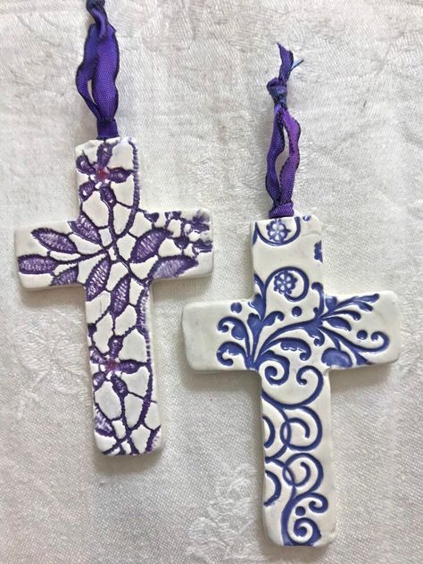 Clay Crosses Ceramics, Air Dry Clay Cross, Clay Crosses Diy, Pottery Cross, Polymer Clay Cross, Cross Ceramic, Hand Painted Crosses, Ceramic Bead Jewelry, Clay Cross