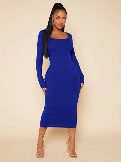 Royal Blue Long Sleeve Dress, Royal Blue Dress Outfit, Blue Dress With Sleeves, Royal Blue Bodycon Dress, Square Neck Bodycon Dress, Cozy Sweater Dress, Blue Bodycon Dress, Woman Outfit, Blue Long Sleeve Dress