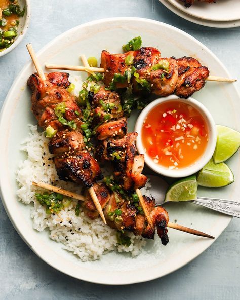 Lemongrass Chicken Skewers with Nuoc Cham | Lindsey Eats Asian Skewers, Grilled Lemongrass Chicken, Lemon Pepper Sauce, Lemongrass Chicken, Lemon Pepper Wings, Chicken Wontons, Chicken Skewer Recipe, Grilled Chicken Skewers, Kabob Skewers