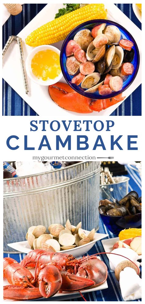 Fortunately, you don’t need to live near the beach to experience the flavors of a New England clambake when you follow our guidelines for preparing a clambake on top of the stove. It’s easy to do, surprisingly quick and a great casual meal to enjoy with friends. #summer #4thofjuly #clambake #recipe #seafood #mygourmetconnection Clambake Recipe, Yummy Vegetable Recipes, Enjoy With Friends, Seafood Boil Recipes, Recipe Using Chicken, Clam Bake, Recipes Summer, Easy Summer Meals, Cooking Seafood