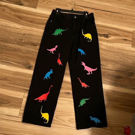 Cute And Colorful Dino Pants Never Worn Stretchy And Comfy Great Condition Kidcore Pants, Dino Pants, Dino Clothes, Kidcore Shirt, Weirdcore Outfits, Kidcore Clothes, Dinosaur Clothes, Weird Clothes, Clown Pants